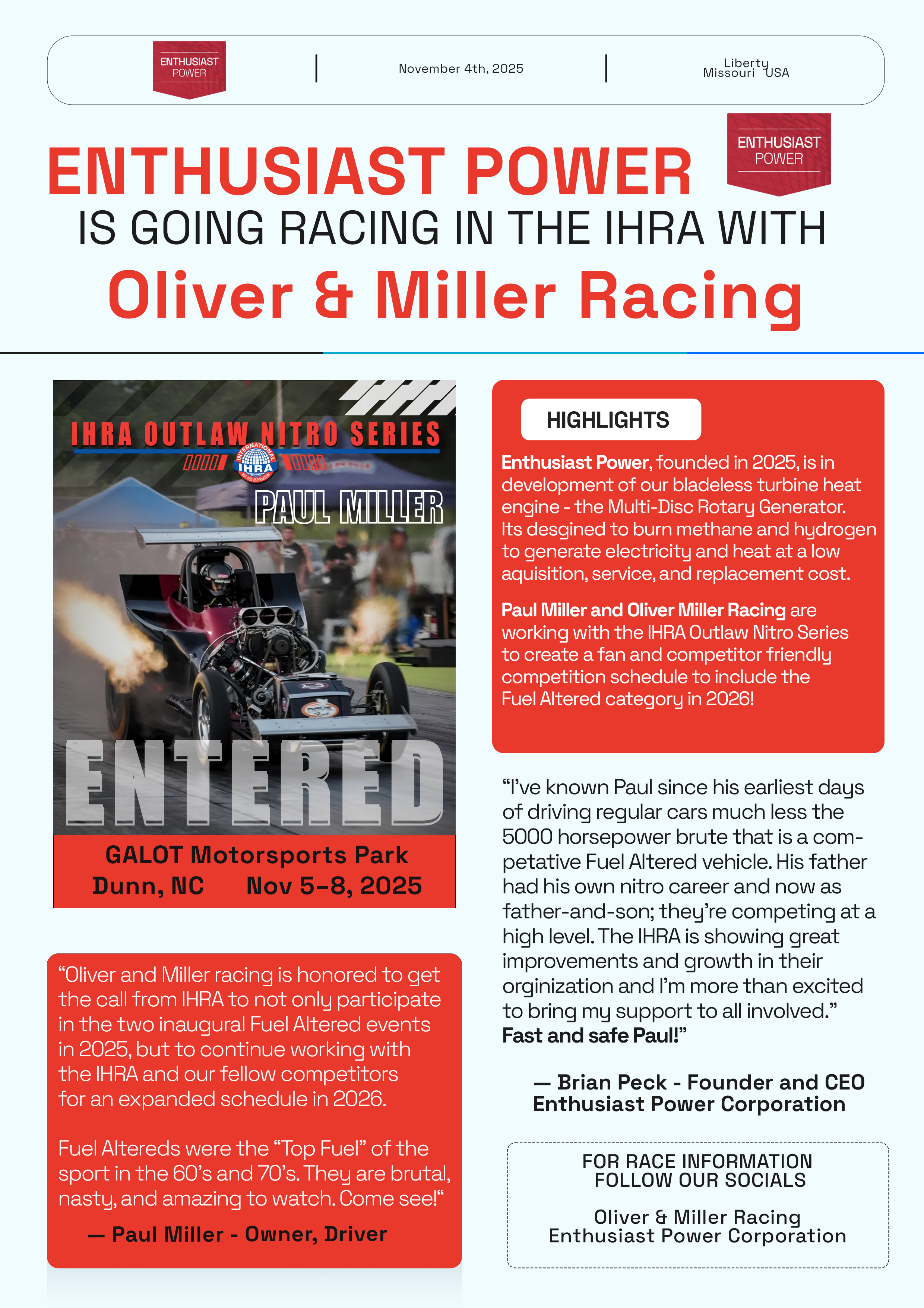 Enthusiast Hydrogen Corporation sponsors Paul Miller and Oliver & Miller Racing