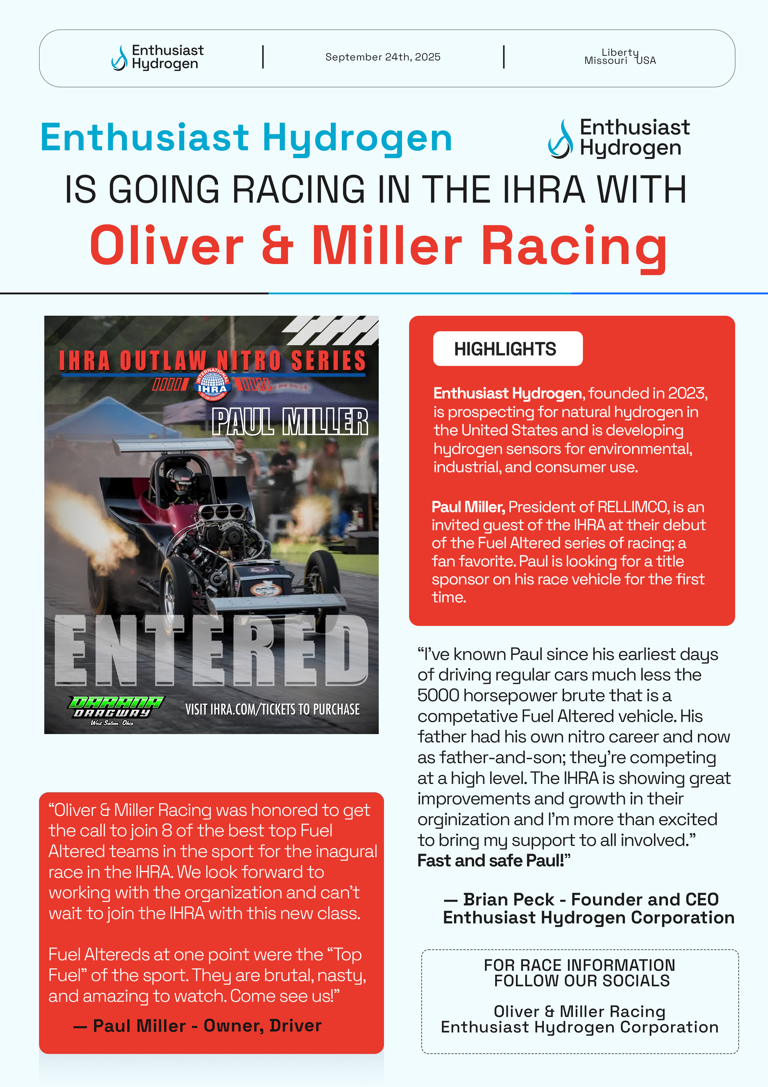 Enthusiast Hydrogen sponsors Oliver & Miller Racing